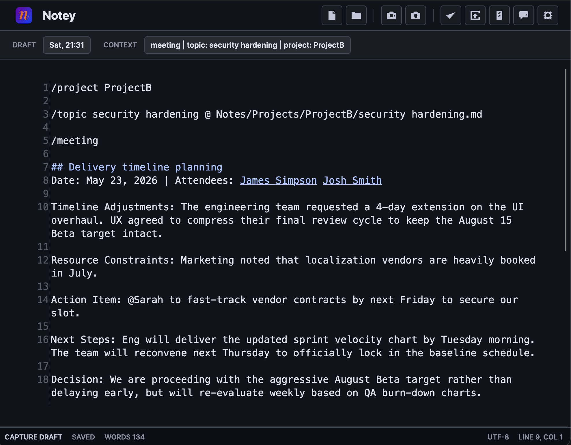 Notey meeting note showing AI-formatted attendees, action items, and decisions