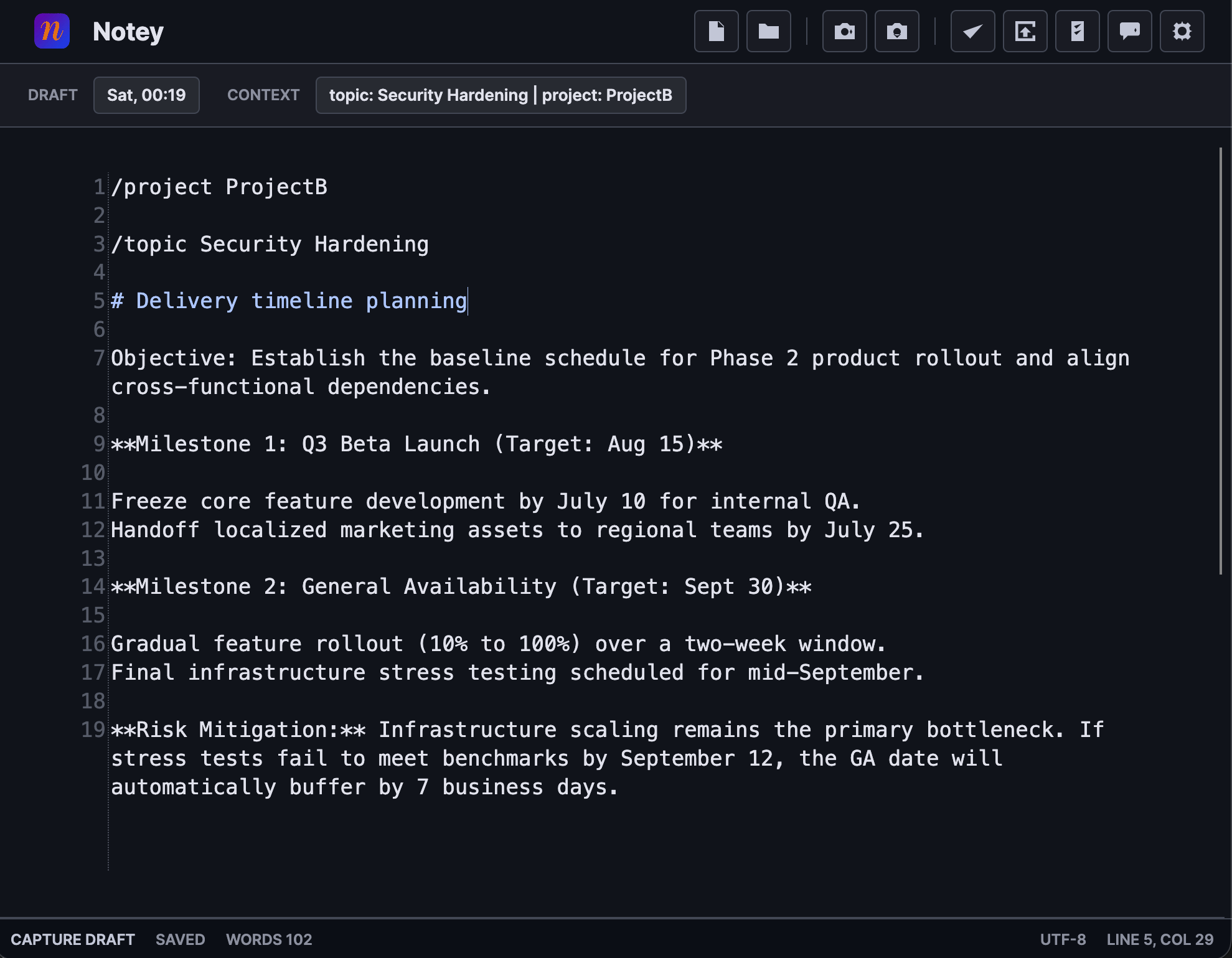 Notey main editor showing a topic note with slash commands