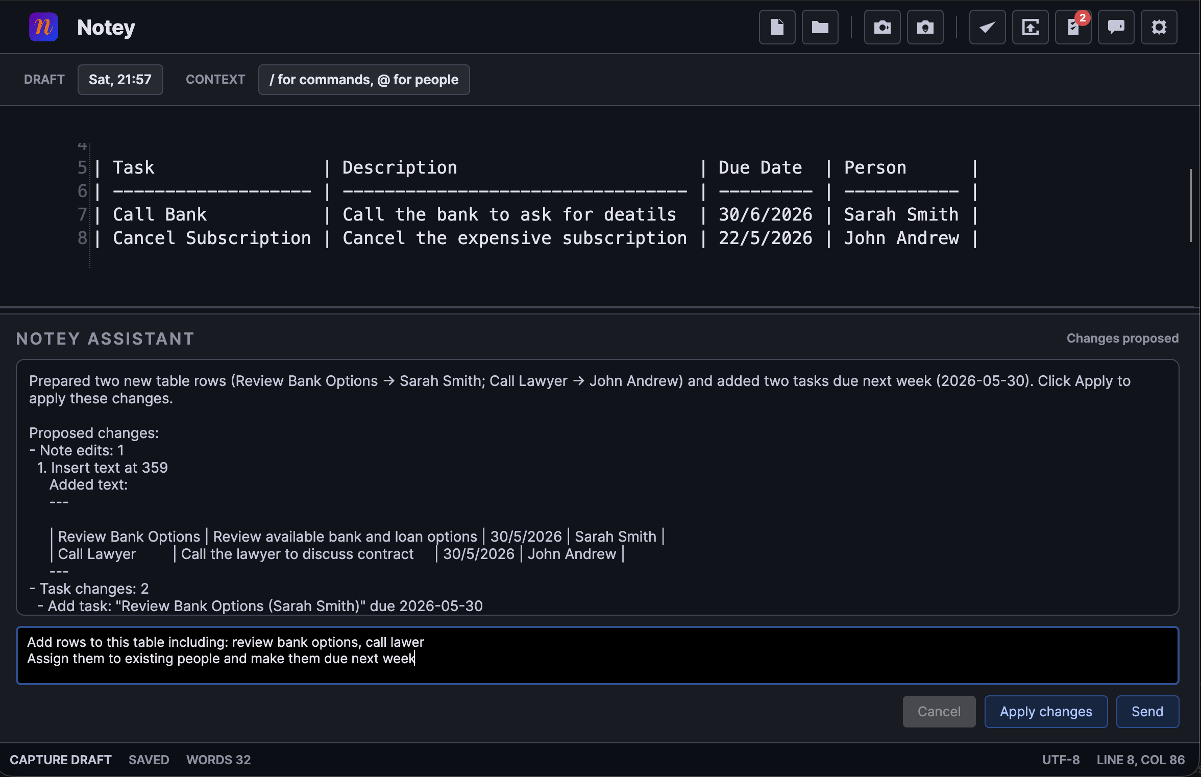 Notey AI assistant proposing table row additions with structured changes preview