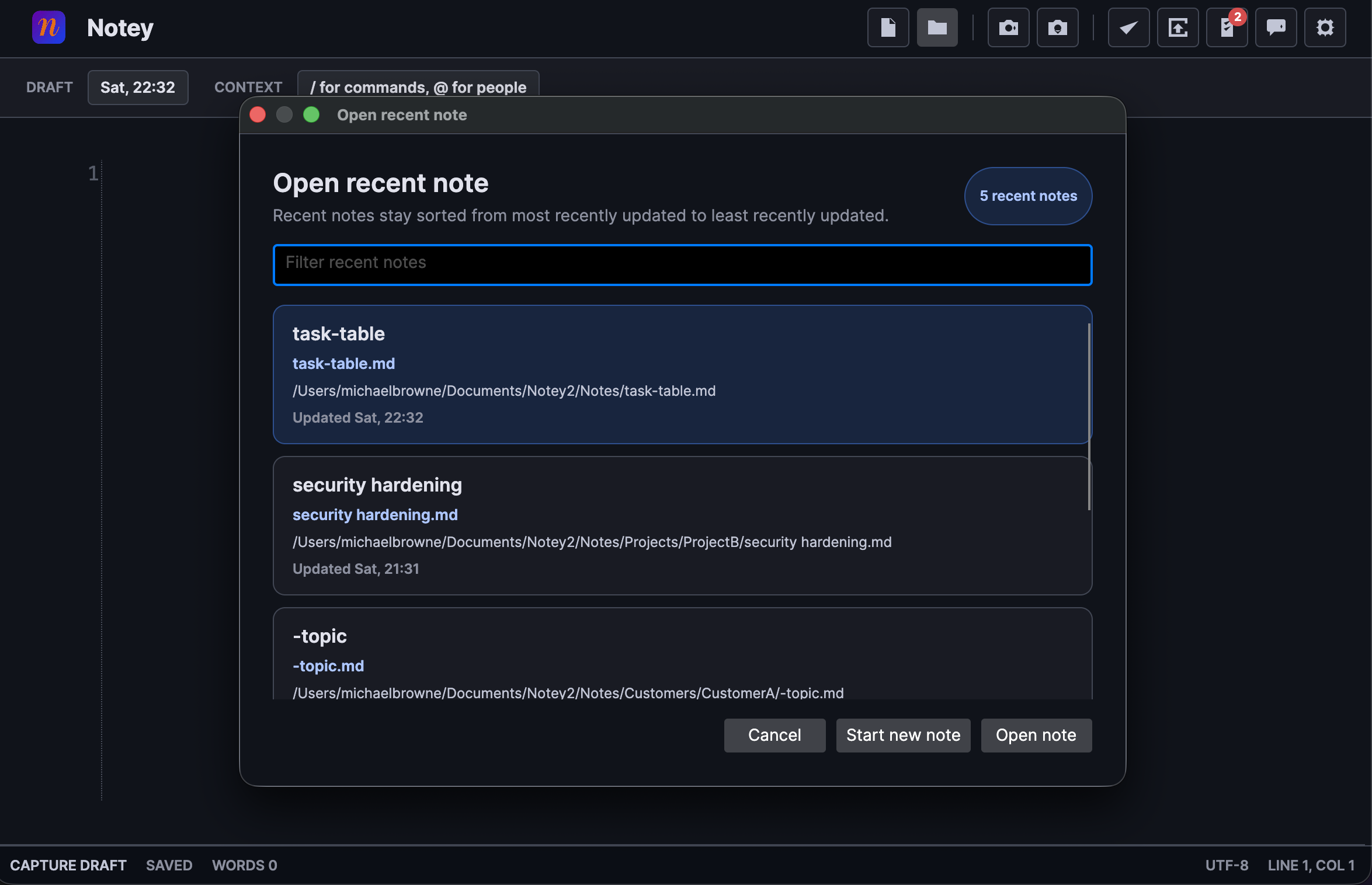 Notey open recent note dialog