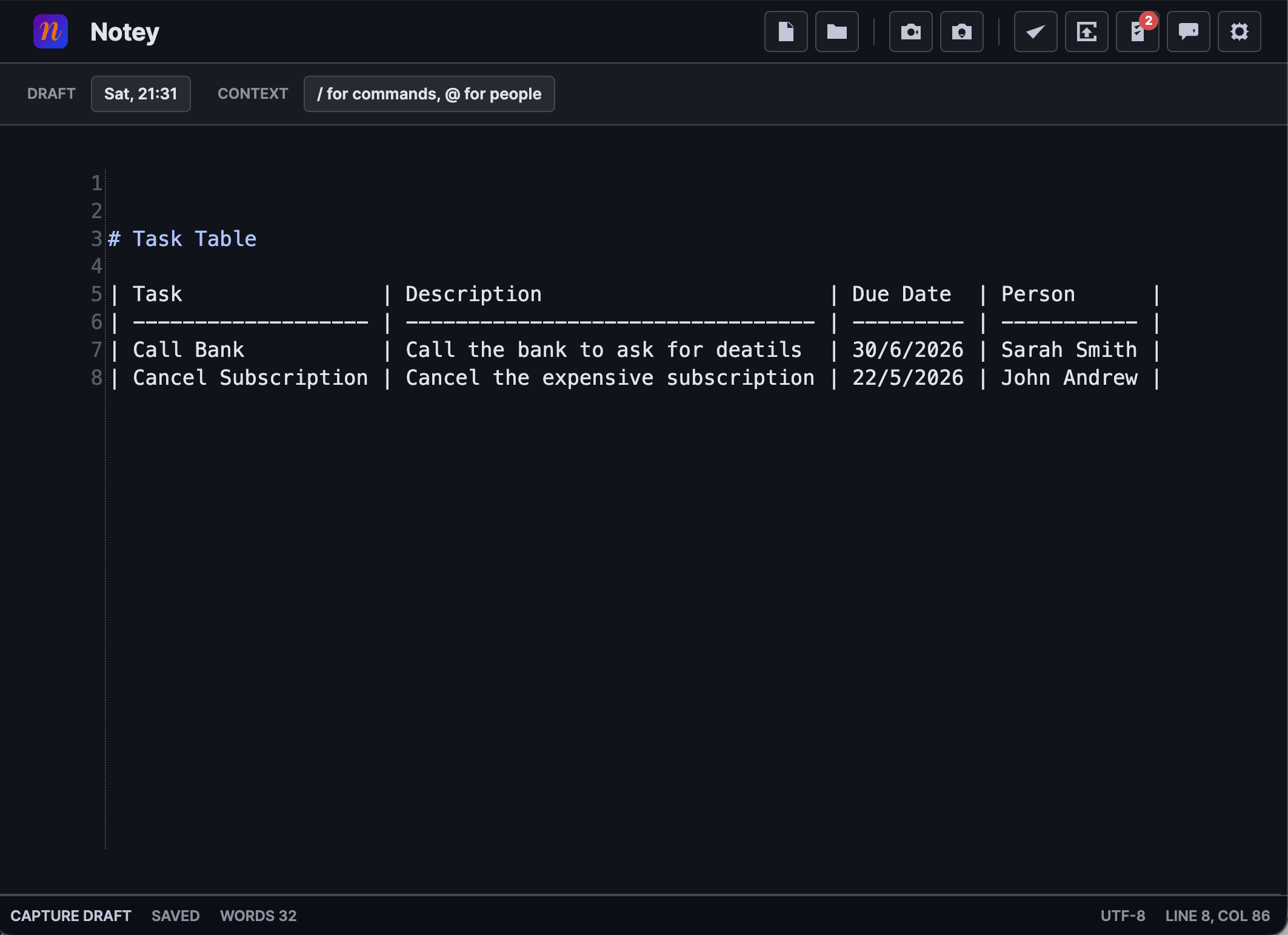 Notey markdown table editor
