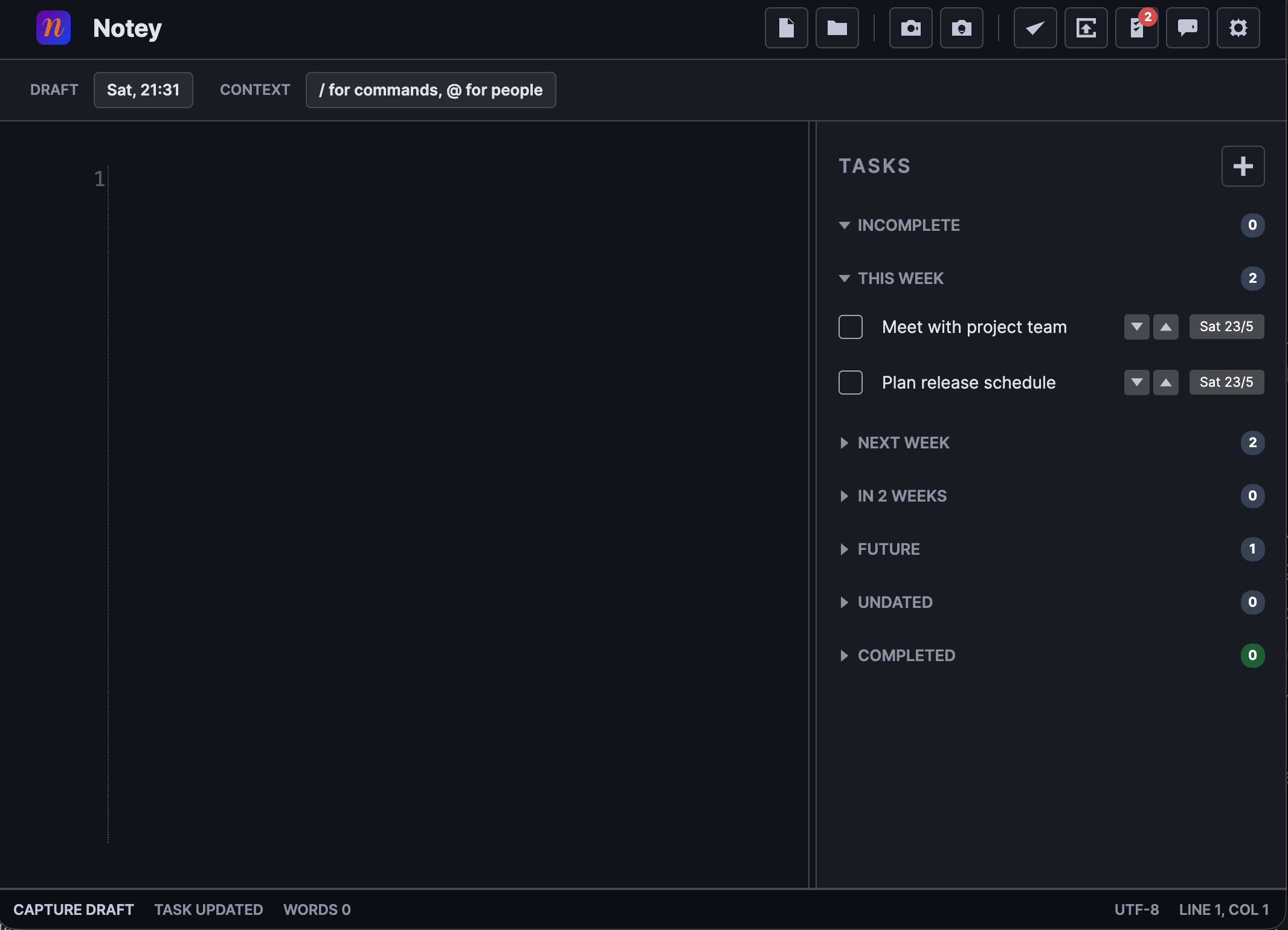 Notey task panel showing tasks grouped by This Week, Next Week, and Future